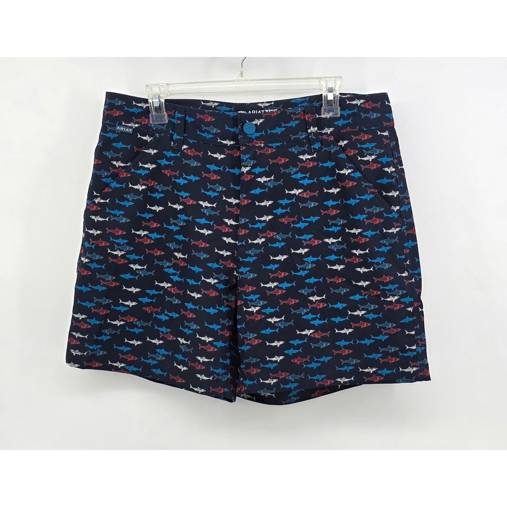 Ariat Mens Size 32 AriatTek Shark Print Navy Blue Performance Stretch Shorts